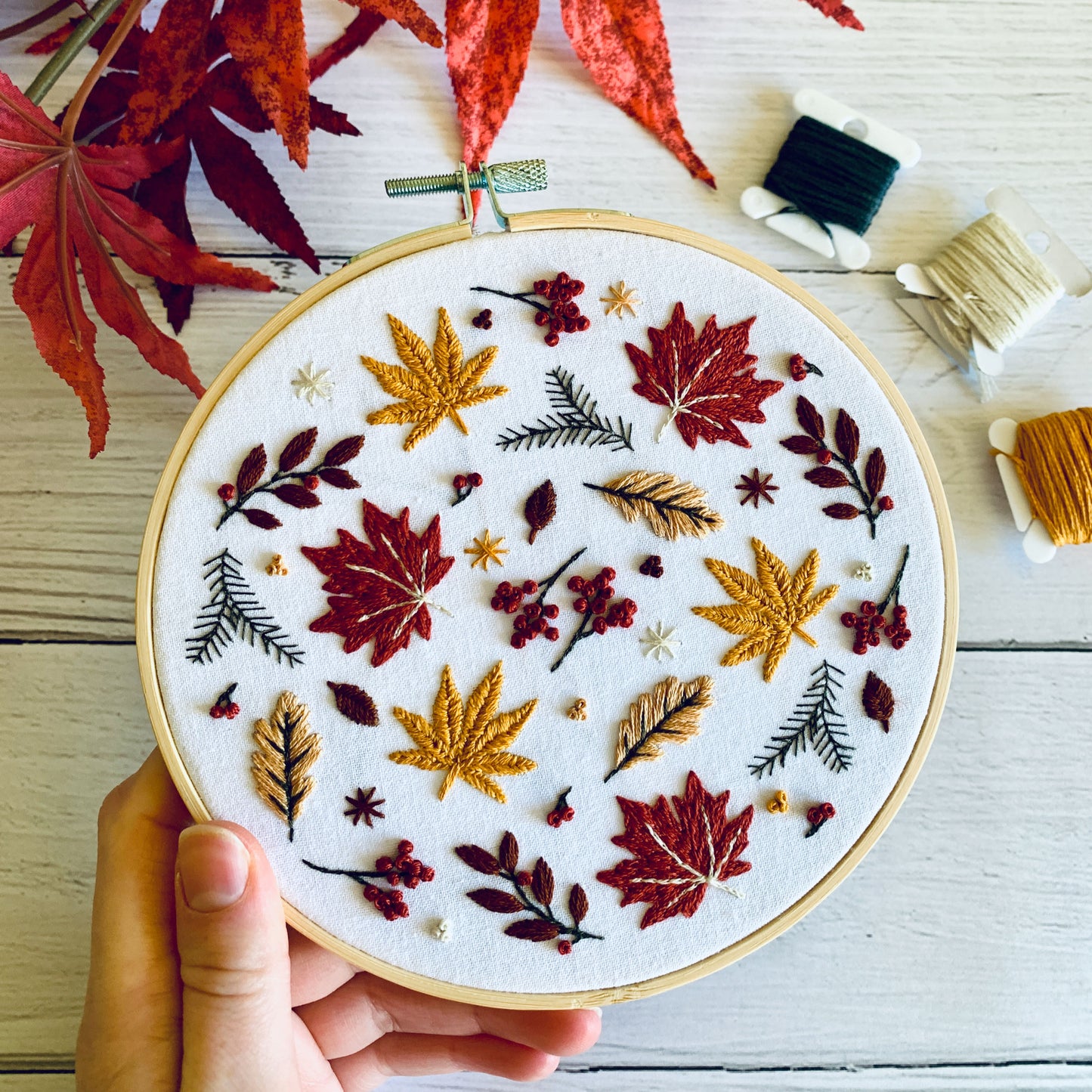 Fall Foliage Embroidery Kit - DIY Hoop Art for Adults. Relaxing Nature Craft Gift, Autumn Leaves Stress Relief Project, beginner friendly