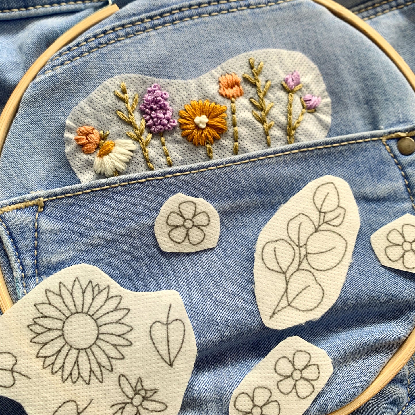 Denim Floral Edition. Stick and stitch embroidery patches. Customise your clothing with beautiful florals.