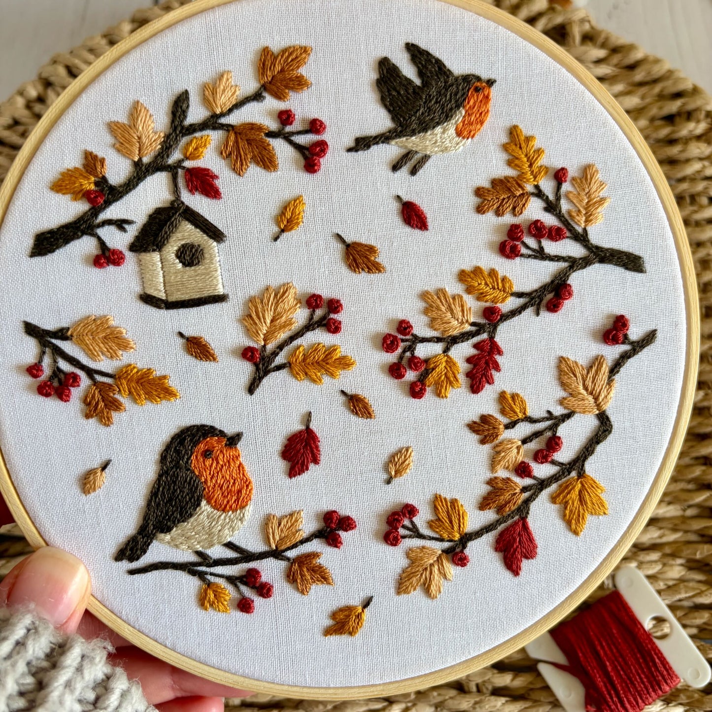 Autumn Robin Embroidery Kit – Woodland Bird DIY Hand Embroidery Craft for Beginners
