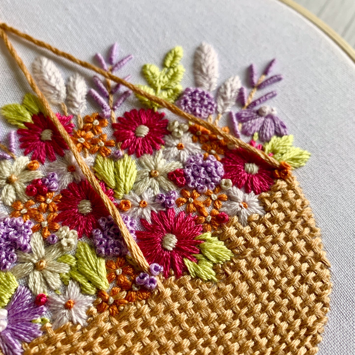 Floral Hanging Basket Embroidery Kit – DIY Hand Embroidery Craft for Beginners, Needlework Gift