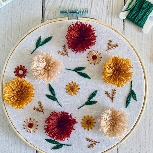 3D Fluffy Florals Embroidery Kit - DIY Hoop Art for Adults. Relaxing Nature Craft Gift, Autumn Stress Relief Project, beginner friendly