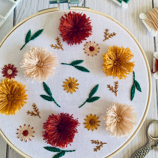 Digital download. 3D fluffy florals embroidery hoop art PDF pattern with instructions