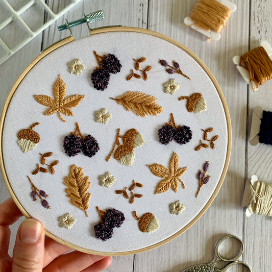 Full embroidery kit.  Blackberries and Acorns. Adult nature anxiety/stress relief gift