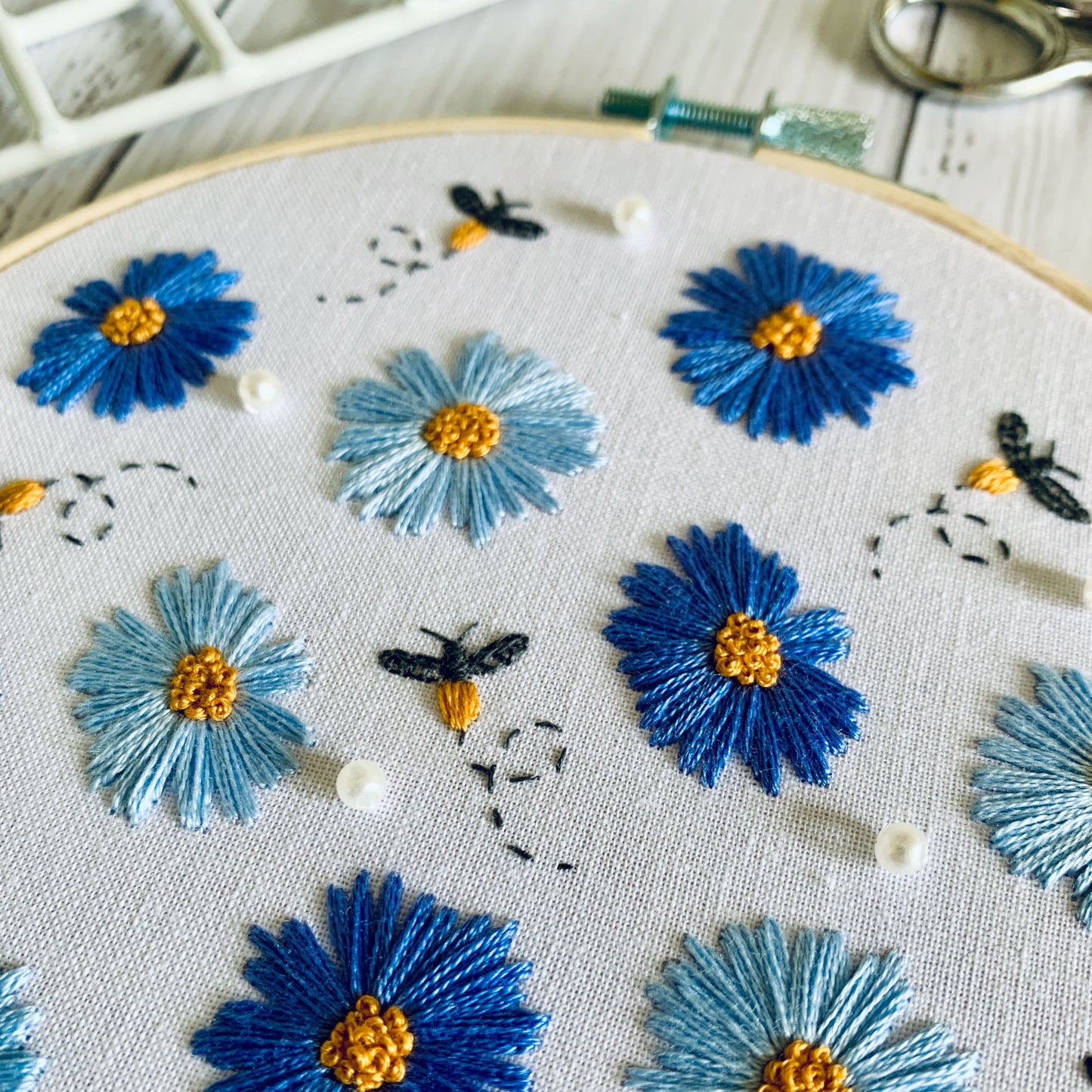 Flowers and Bees Embroidery Kit - DIY Hoop Art Craft for Beginners, Mindful Adult Stress Relief Gift. Summer Floral Design with Beads/Pearls