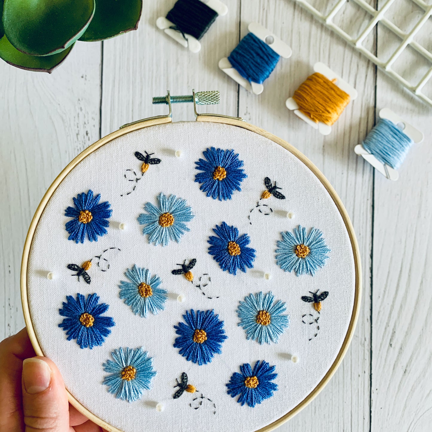 Flowers and Bees Embroidery Kit - DIY Hoop Art Craft for Beginners, Mindful Adult Stress Relief Gift. Summer Floral Design with Beads/Pearls