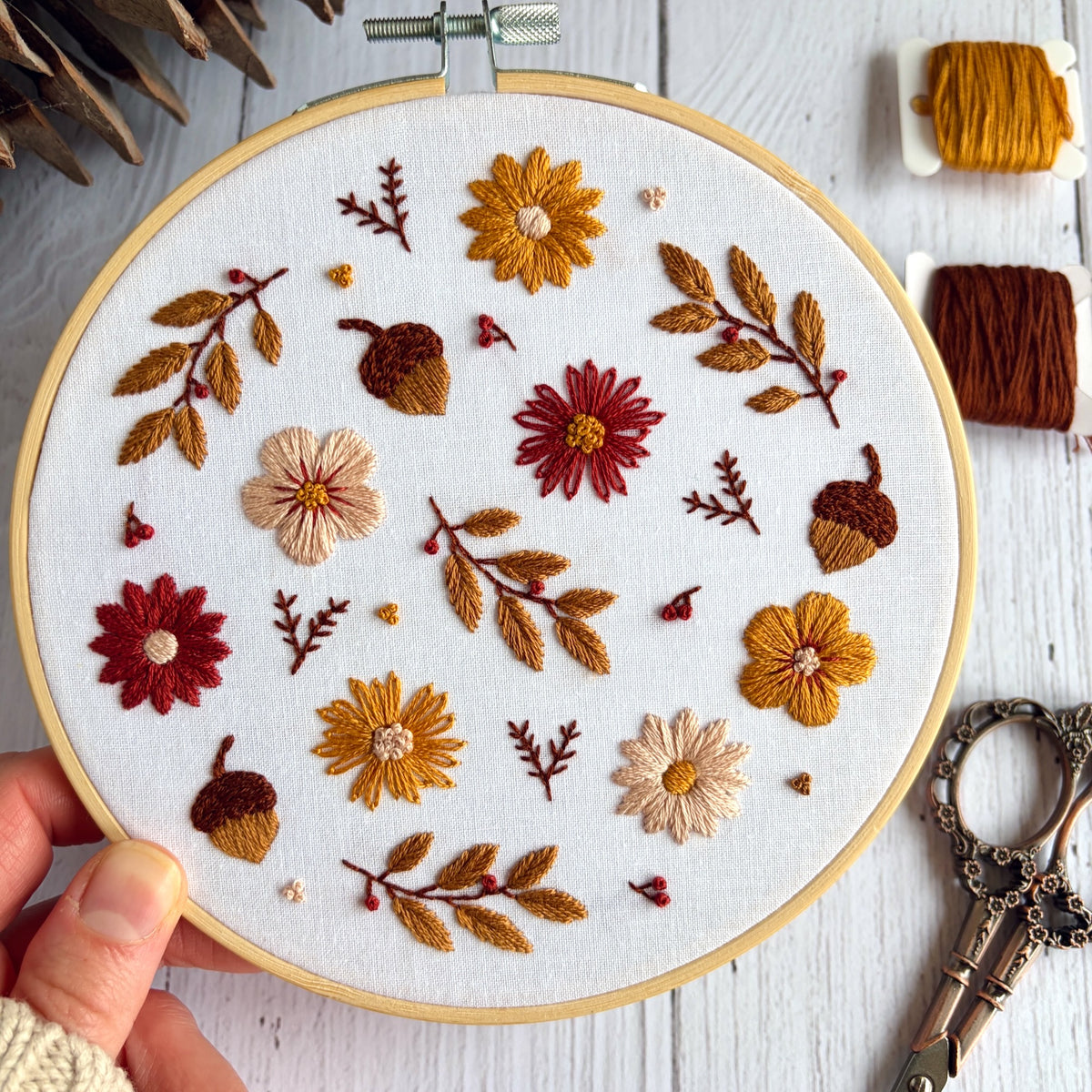 Autumn Floral Embroidery Kit – Fall Flowers,  Acorns & Leaves Hand Embroidery Craft for Beginners