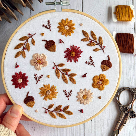Autumn Floral Embroidery Kit – Fall Flowers,  Acorns & Leaves Hand Embroidery Craft for Beginners