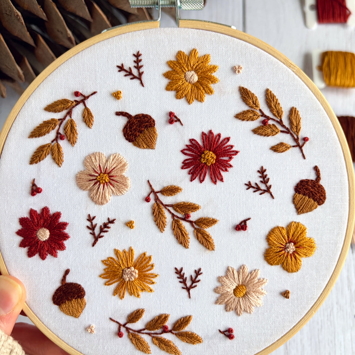Autumn Floral Embroidery Kit – Fall Flowers,  Acorns & Leaves Hand Embroidery Craft for Beginners