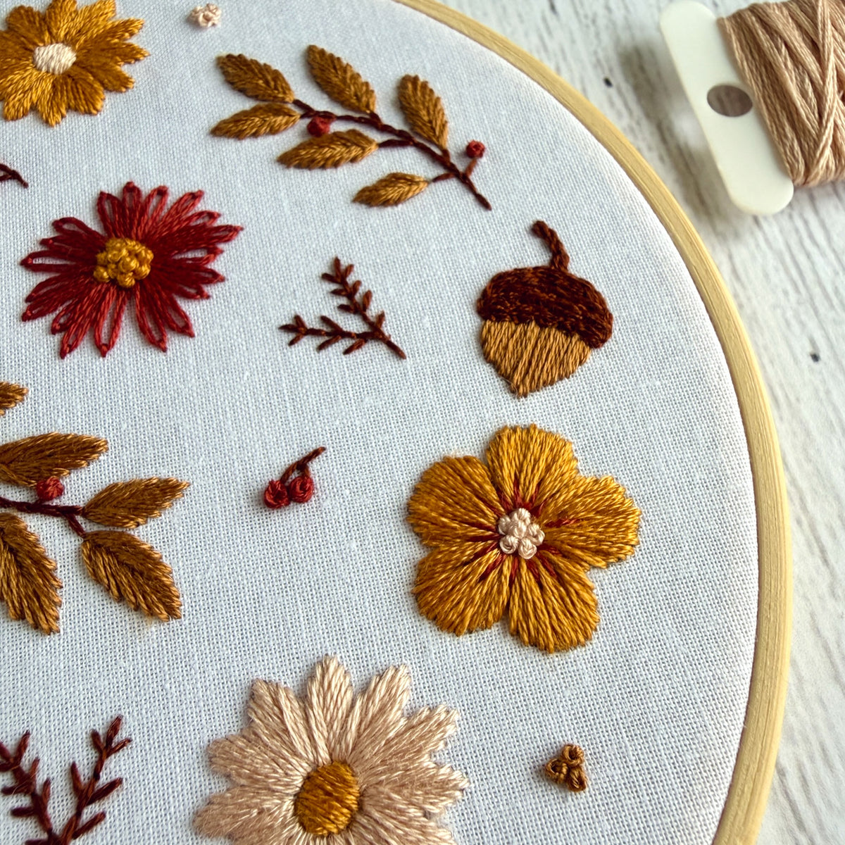 Autumn Floral Embroidery Kit – Fall Flowers,  Acorns & Leaves Hand Embroidery Craft for Beginners