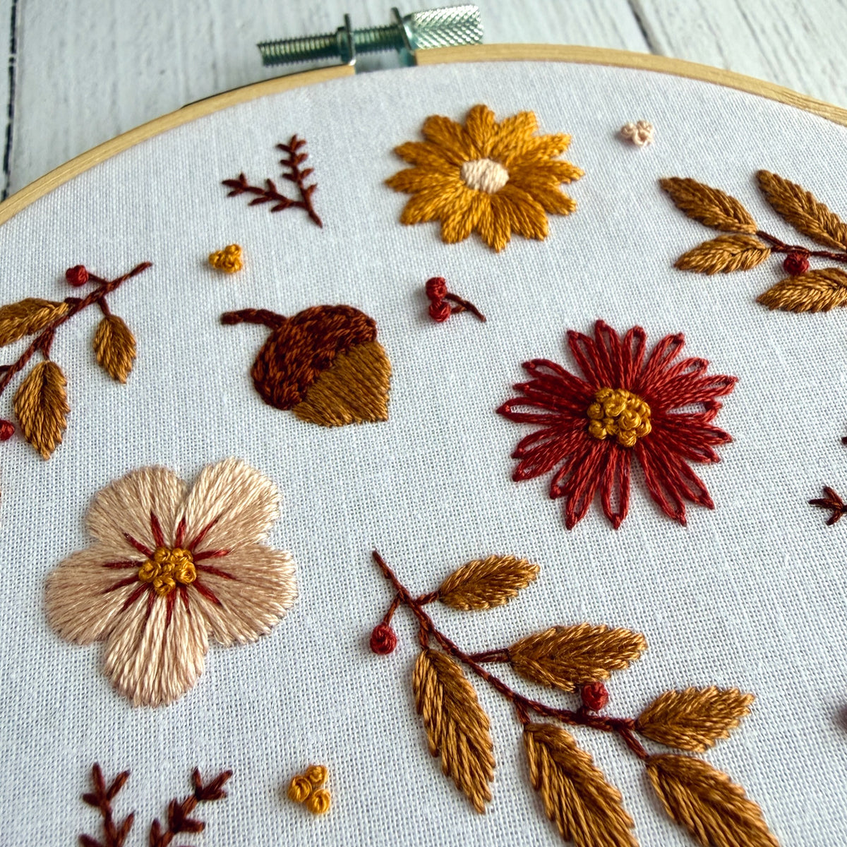 Autumn Floral Embroidery Kit – Fall Flowers,  Acorns & Leaves Hand Embroidery Craft for Beginners