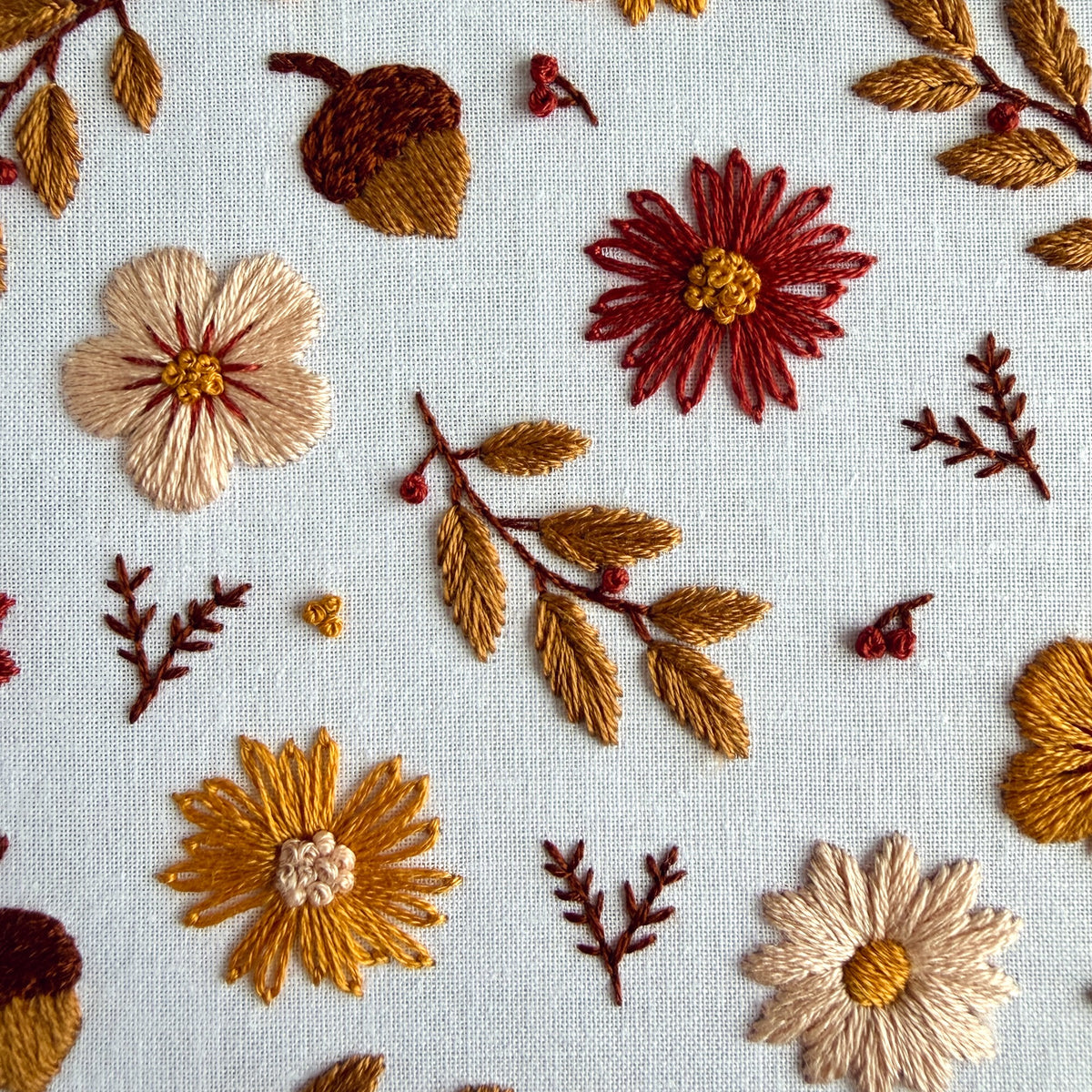 Autumn Floral Embroidery Kit – Fall Flowers,  Acorns & Leaves Hand Embroidery Craft for Beginners