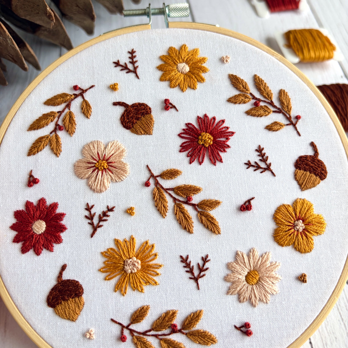 Autumn Floral Embroidery Kit – Fall Flowers,  Acorns & Leaves Hand Embroidery Craft for Beginners
