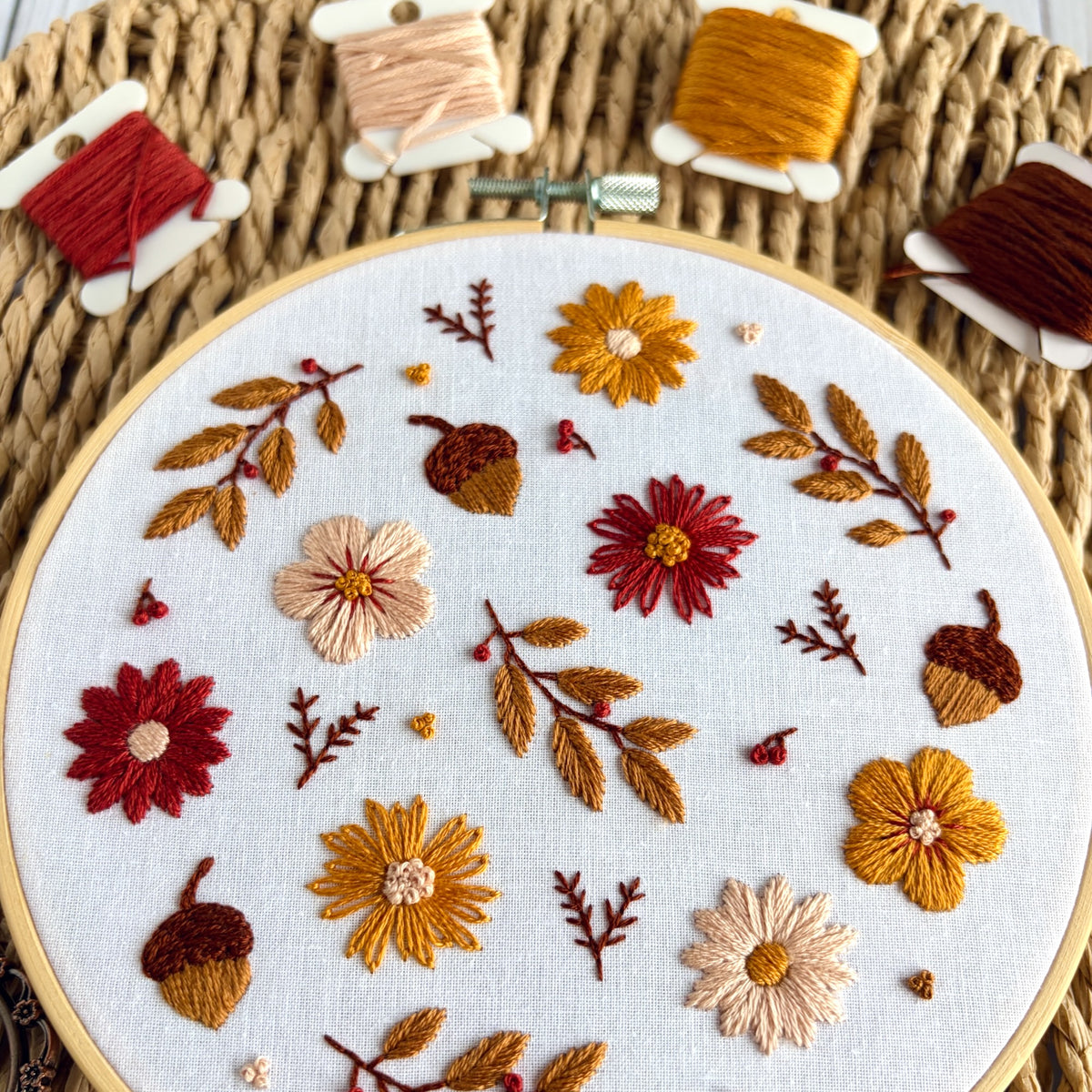 Autumn Floral Embroidery Kit – Fall Flowers,  Acorns & Leaves Hand Embroidery Craft for Beginners