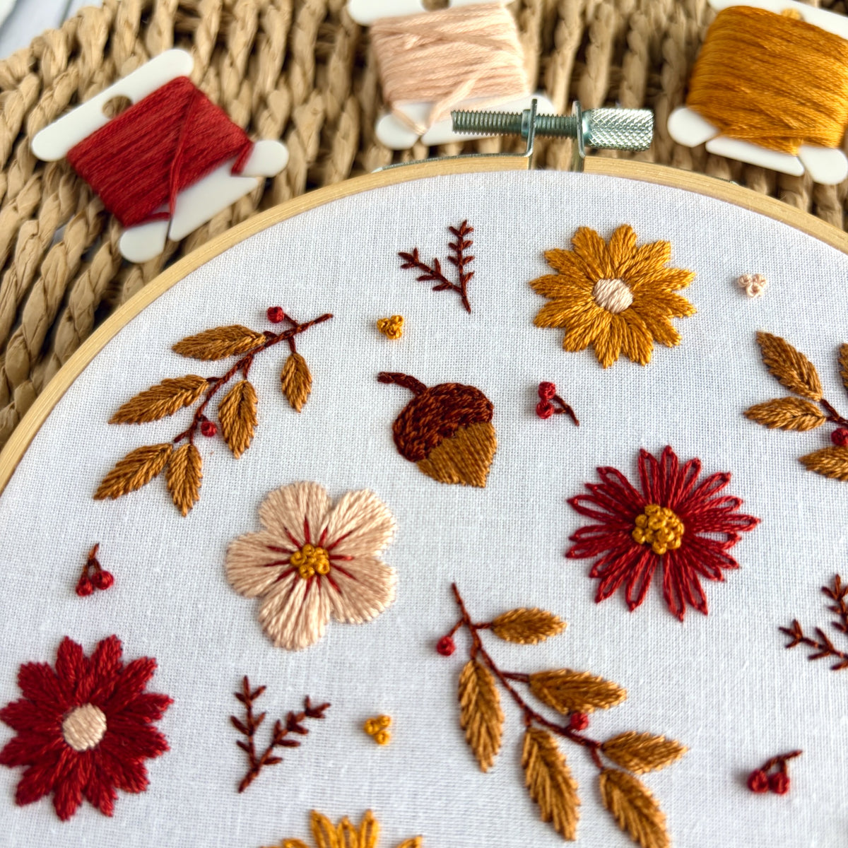 Autumn Floral Embroidery Kit – Fall Flowers,  Acorns & Leaves Hand Embroidery Craft for Beginners