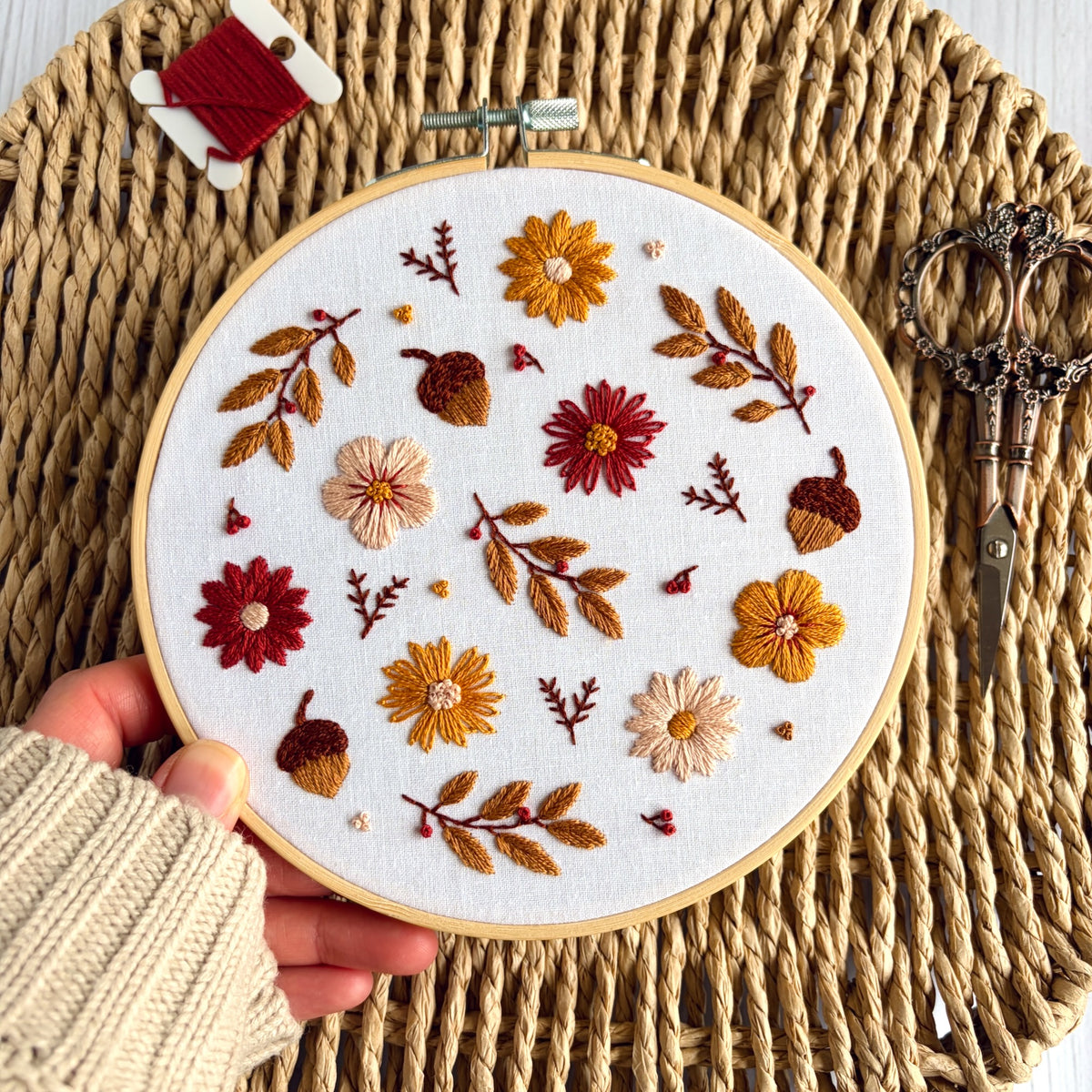 Autumn Floral Embroidery Kit – Fall Flowers,  Acorns & Leaves Hand Embroidery Craft for Beginners