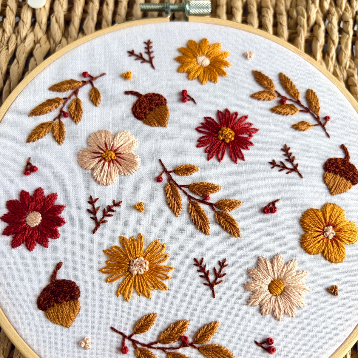 Autumn Floral Embroidery Kit – Fall Flowers,  Acorns & Leaves Hand Embroidery Craft for Beginners