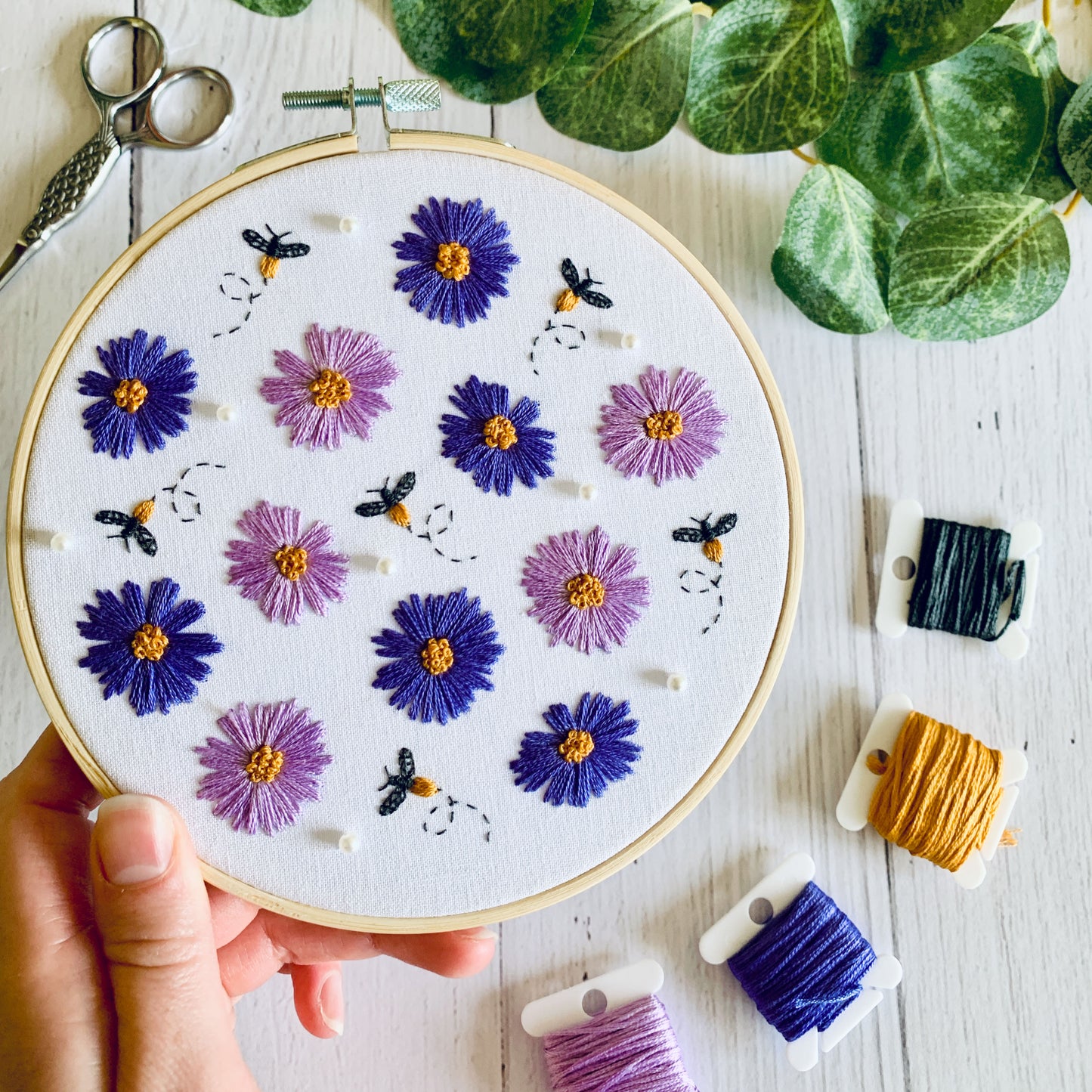 Flowers and Bees Embroidery Kit - DIY Hoop Art Craft for Beginners, Mindful Adult Stress Relief Gift. Summer Floral Design with Beads/Pearls