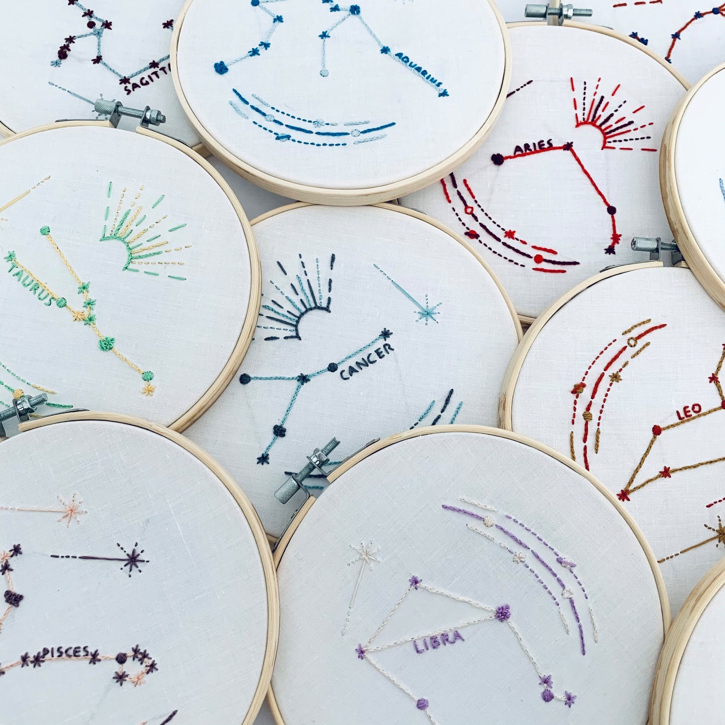 Full embroidery kit. Star sign zodiac constellation hoop art. Choose your sign and colours. Beginner hand sewing project