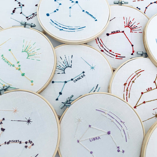 Full embroidery kit. Star sign zodiac constellation hoop art. Choose your sign and colours. Beginner hand sewing project