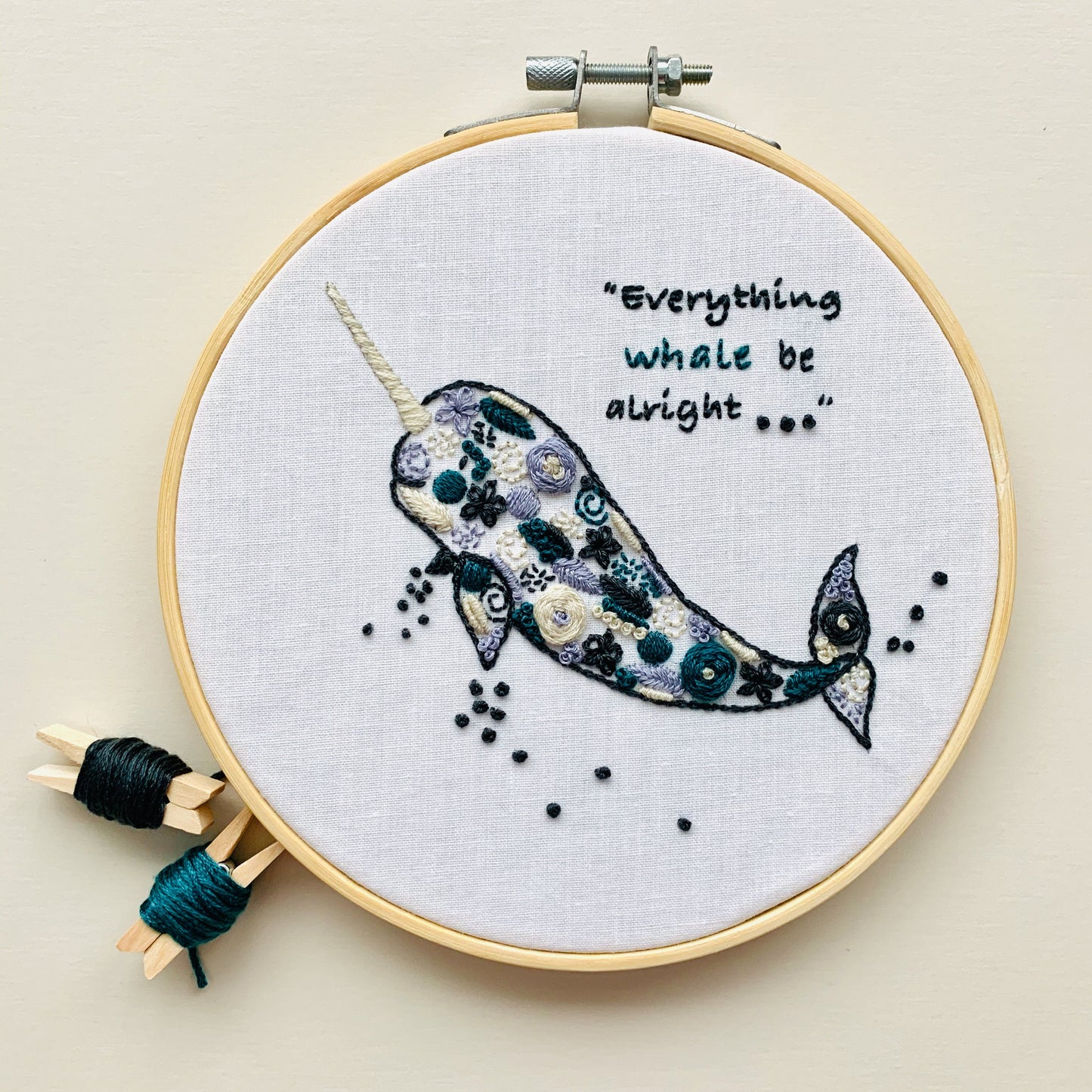 Digital download. Narwhal embroidery hoop art PDF pattern with instructions. Whale beginner crewel wall decor project