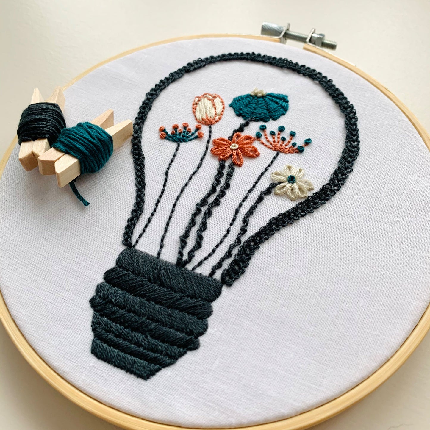 Full embroidery kit. Lightbulb floral hoop art. Beginner mindful sewing project