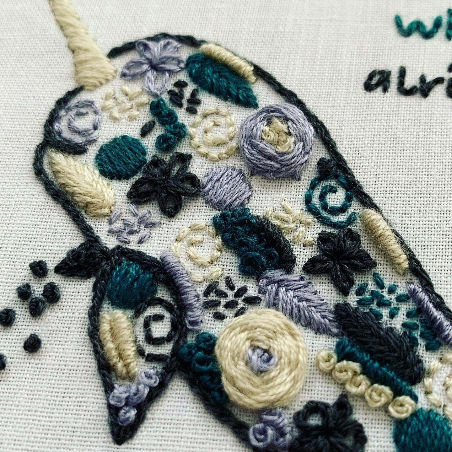 Full embroidery kit. Narwhal embroidery hoop art. Whale embroidery pattern and materials.