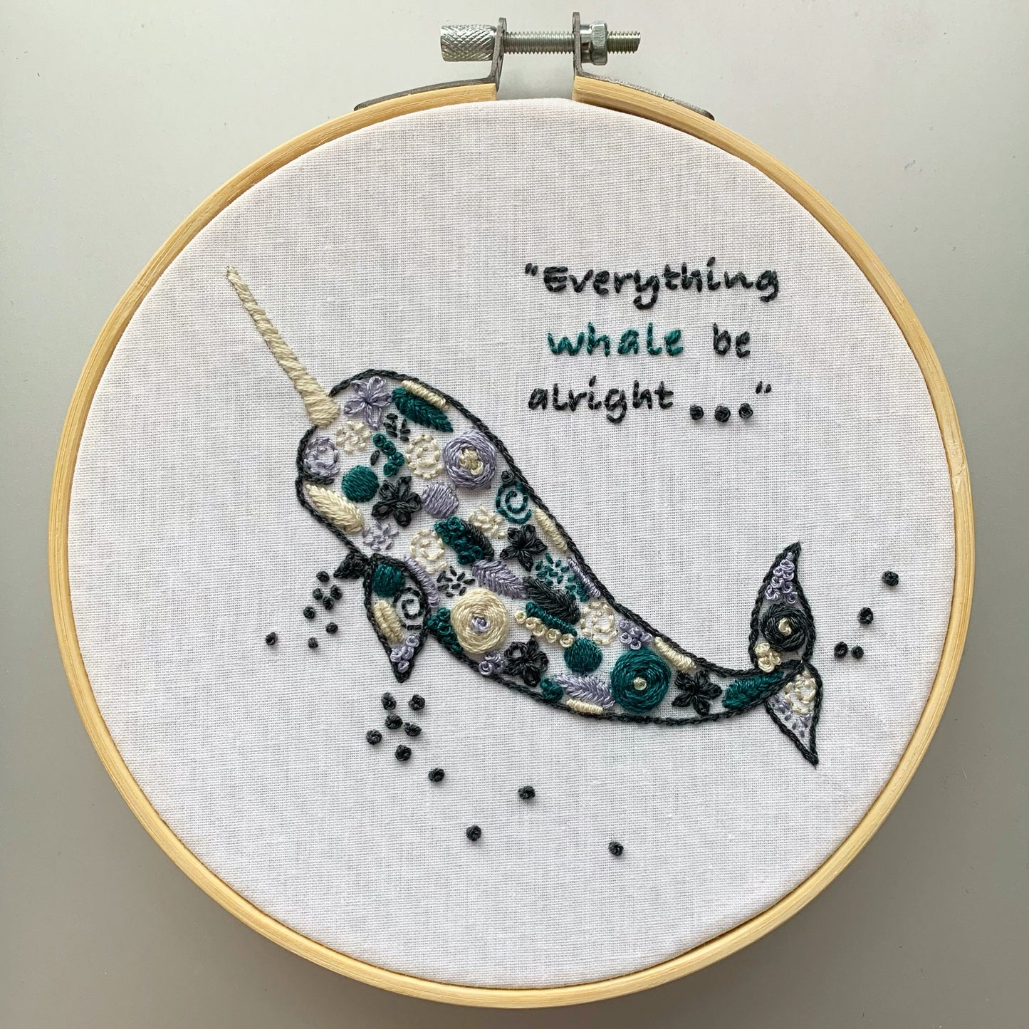 Full embroidery kit. Narwhal embroidery hoop art. Whale embroidery pattern and materials.