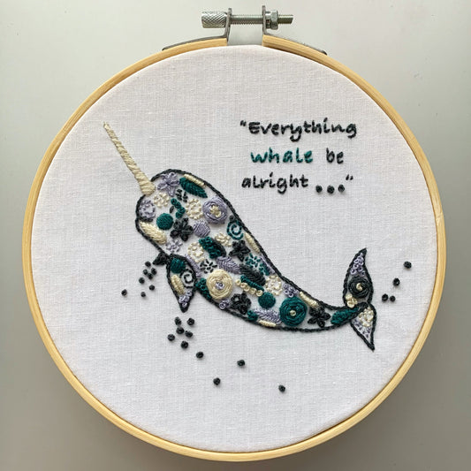 Full embroidery kit. Narwhal embroidery hoop art. Whale embroidery pattern and materials.