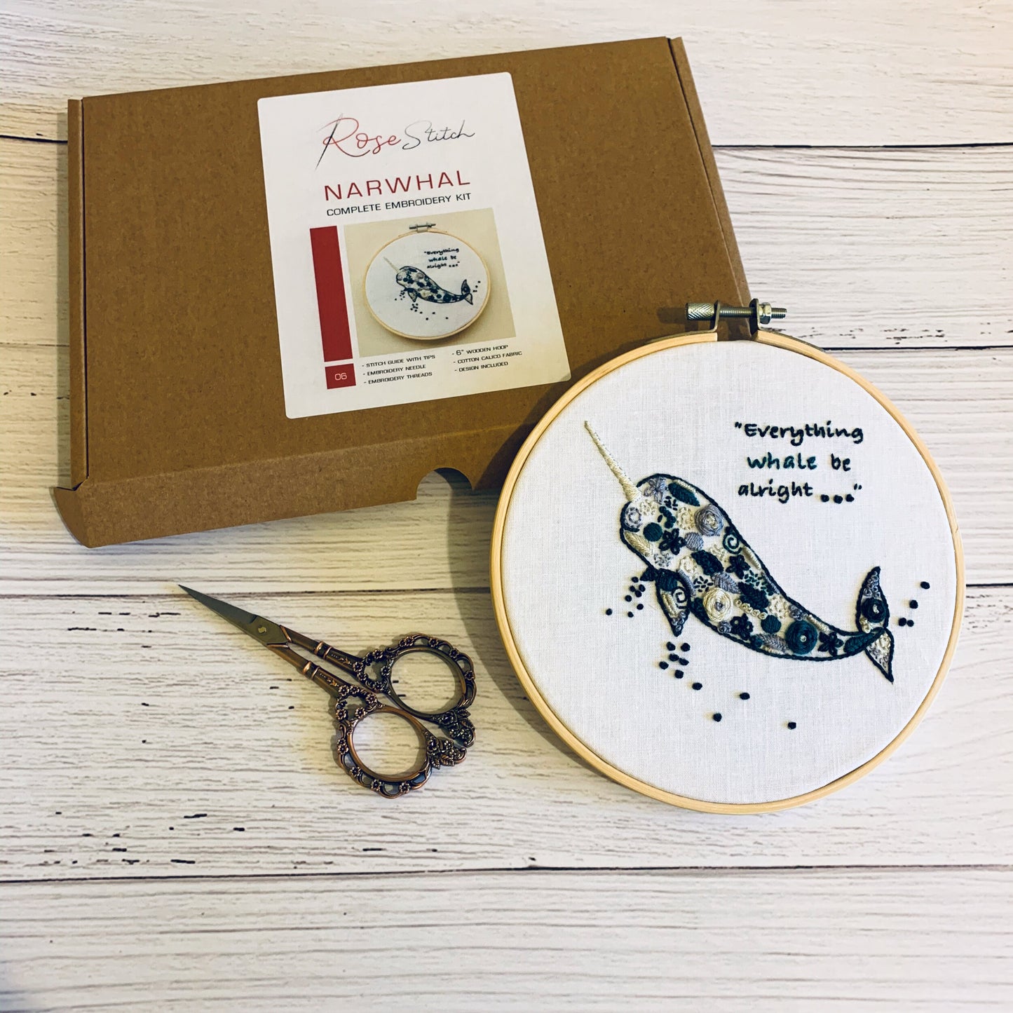 Full embroidery kit. Narwhal embroidery hoop art. Whale embroidery pattern and materials.