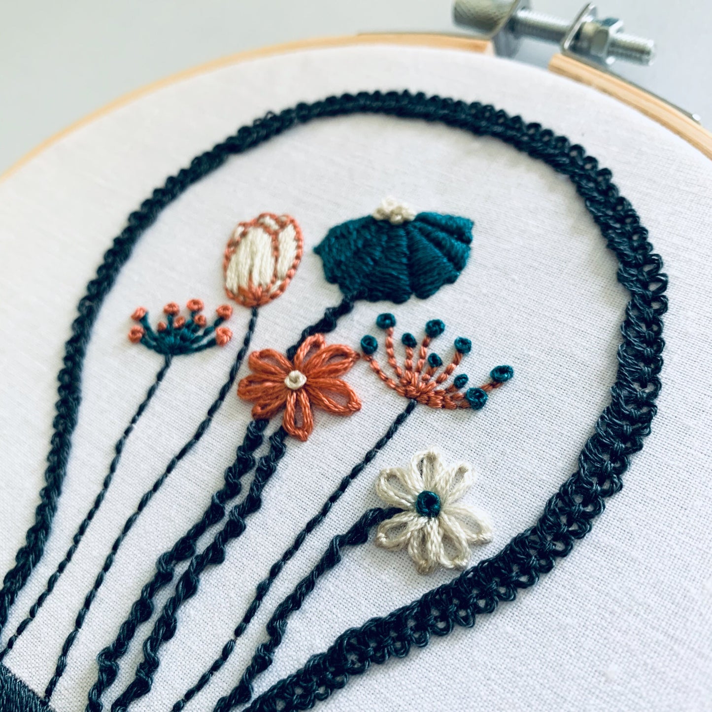 Full embroidery kit. Lightbulb floral hoop art. Beginner mindful sewing project