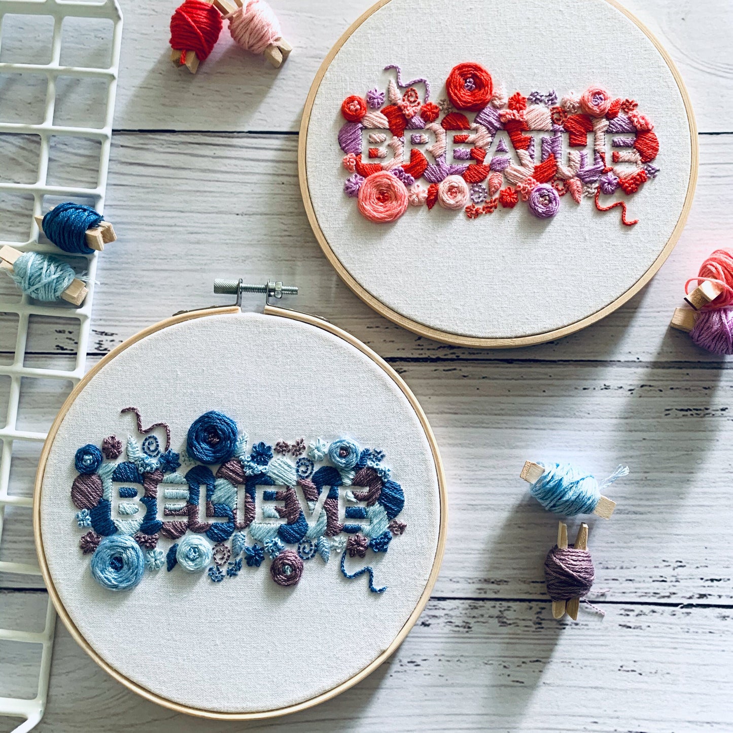 Full embroidery kit. 2-design positive words, breathe and believe mindful hoop art