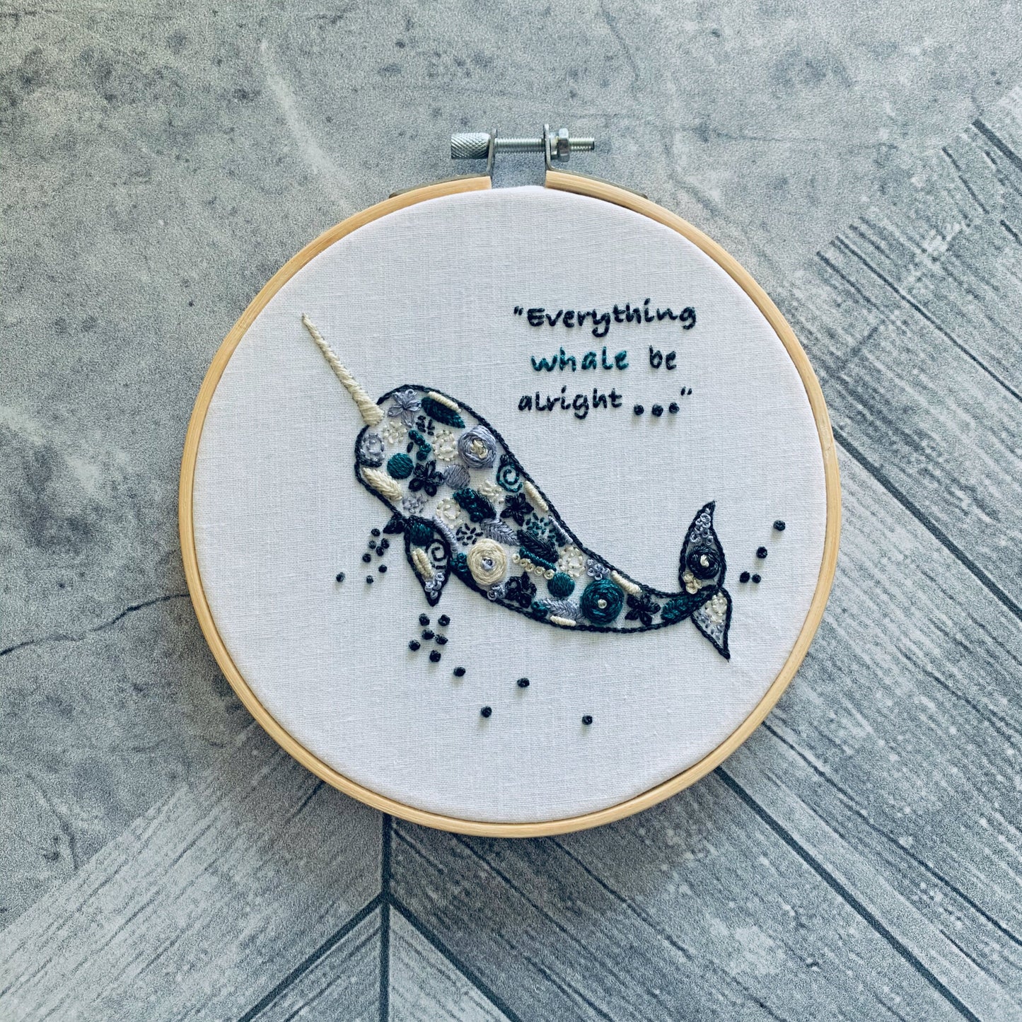 Digital download. Narwhal embroidery hoop art PDF pattern with instructions. Whale beginner crewel wall decor project