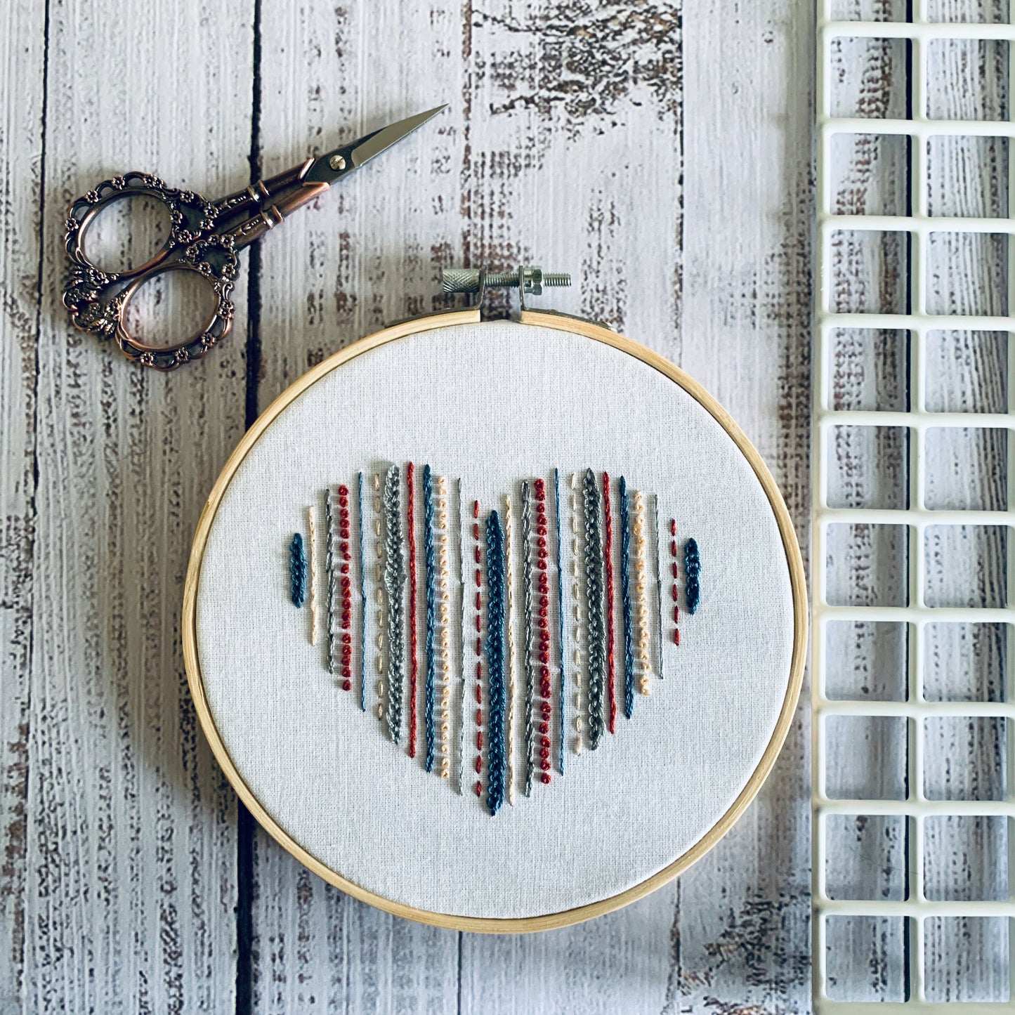 Full embroidery kit. Heart hoop art. Beginner sewing craft project for mindfulness