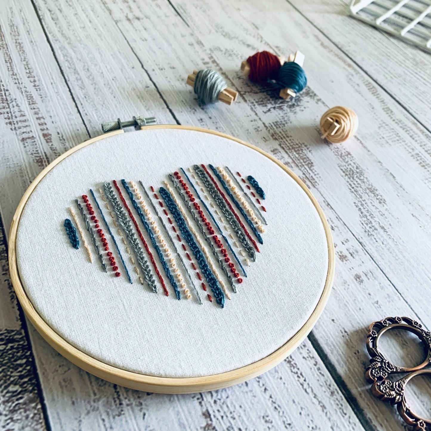 Full embroidery kit. Heart hoop art. Beginner sewing craft project for mindfulness