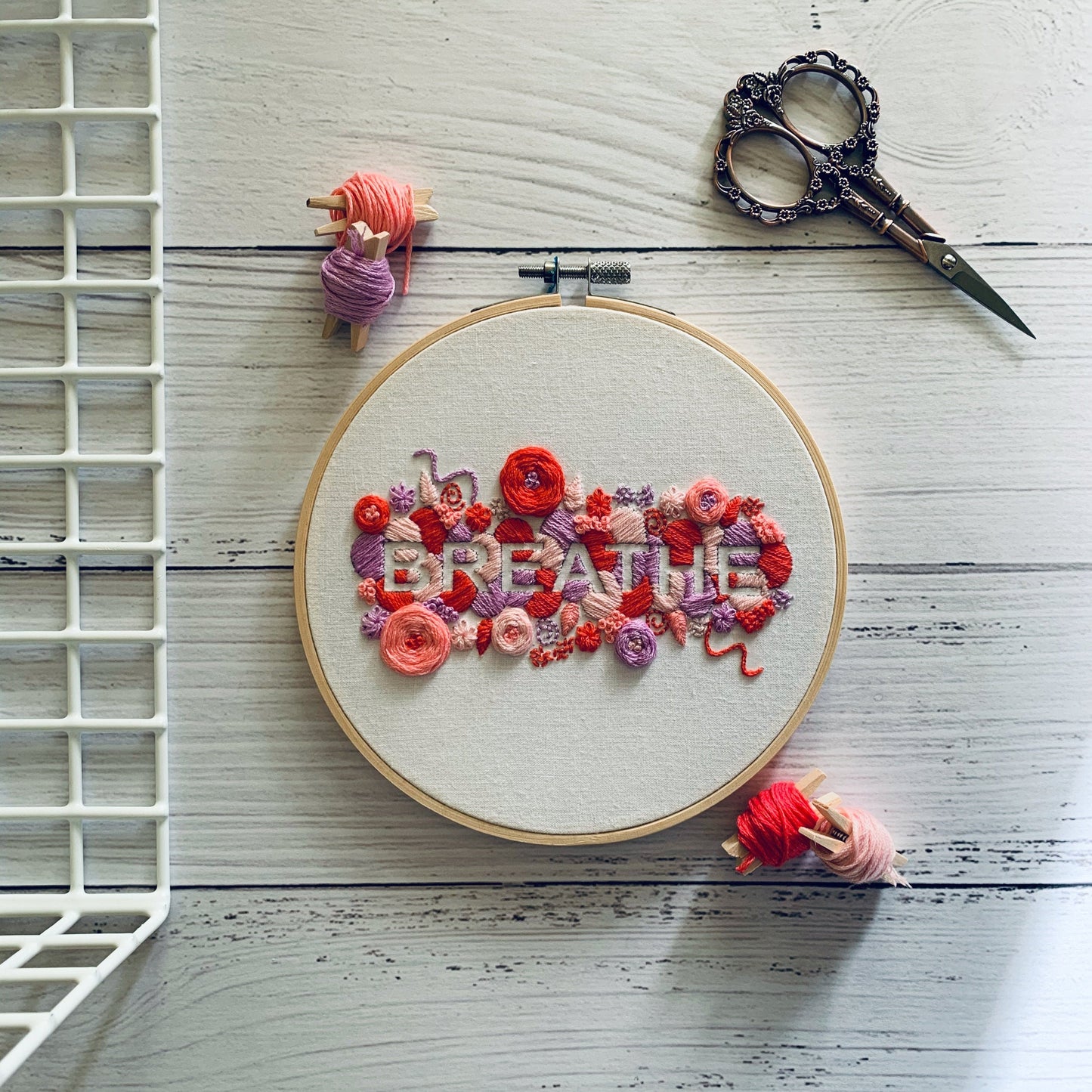 Digital download. Breathe embroidery hoop art PDF pattern with instruction booklet. Positive word hand sewing design.