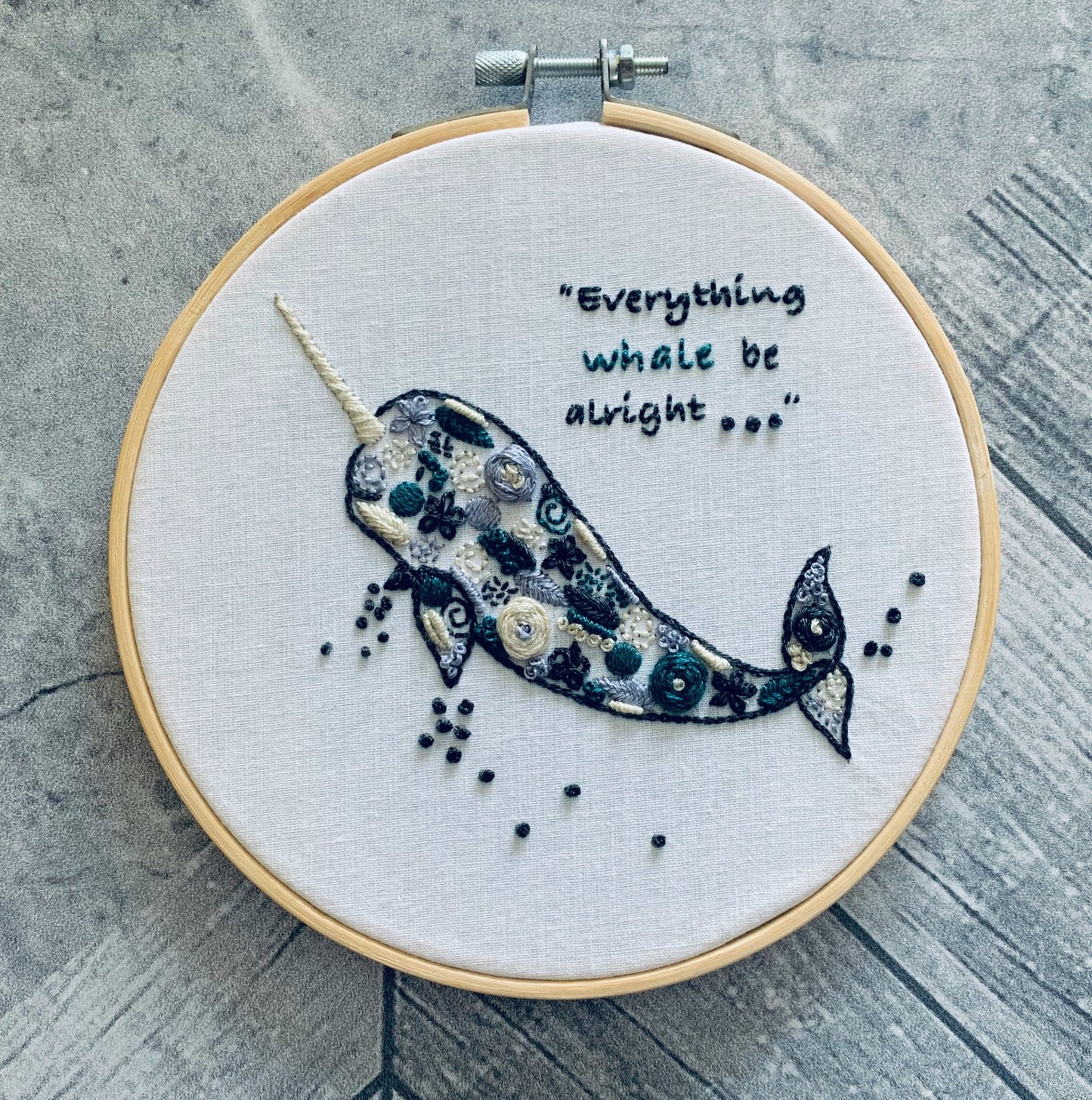 Full embroidery kit. Narwhal embroidery hoop art. Whale embroidery pattern and materials.