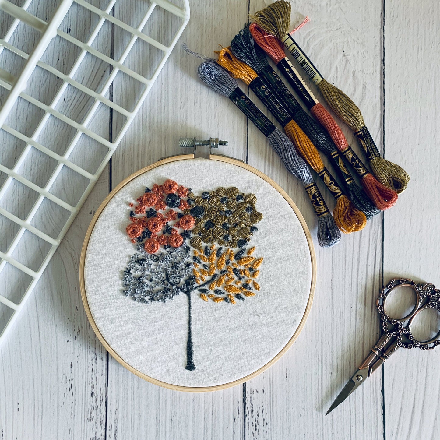 Full embroidery kit. Four seasons hoop art. Mindful hand sewing pattern with materials