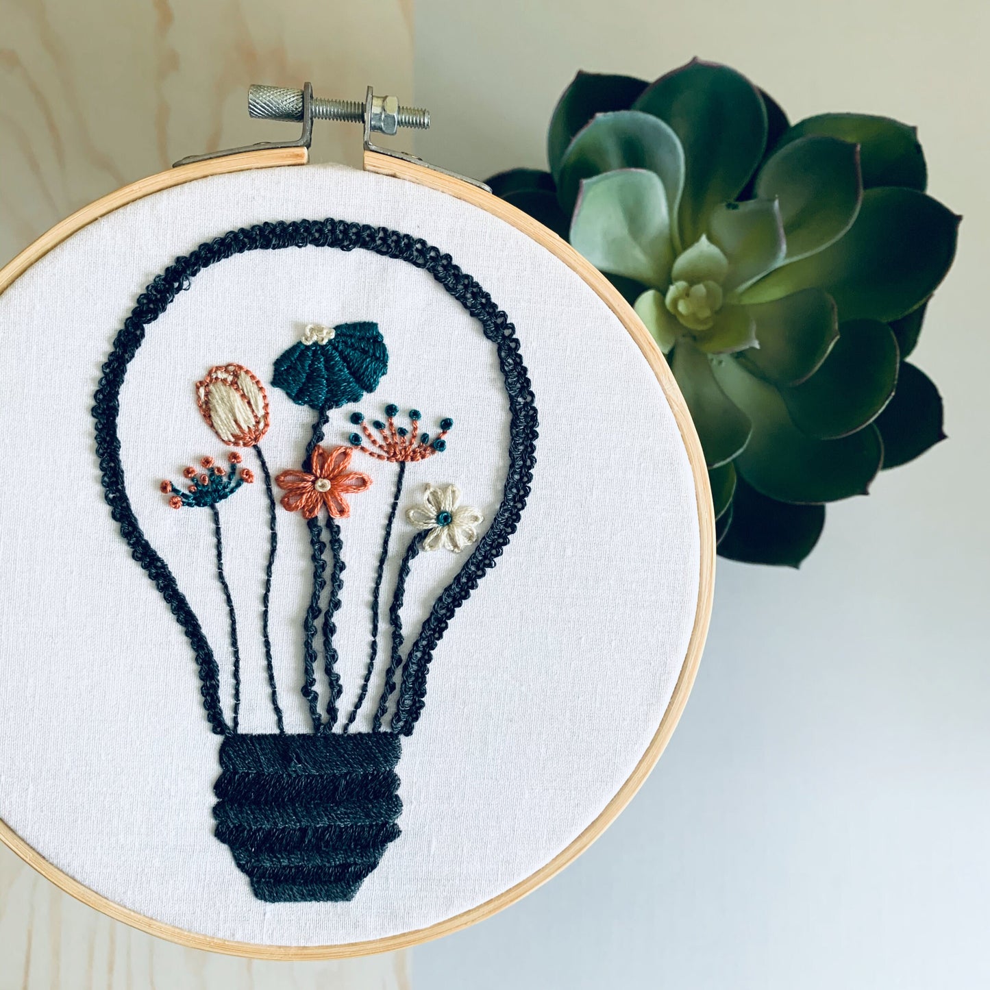 Full embroidery kit. Lightbulb floral hoop art. Beginner mindful sewing project