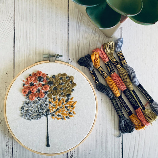 Full embroidery kit. Four seasons hoop art. Mindful hand sewing pattern with materials