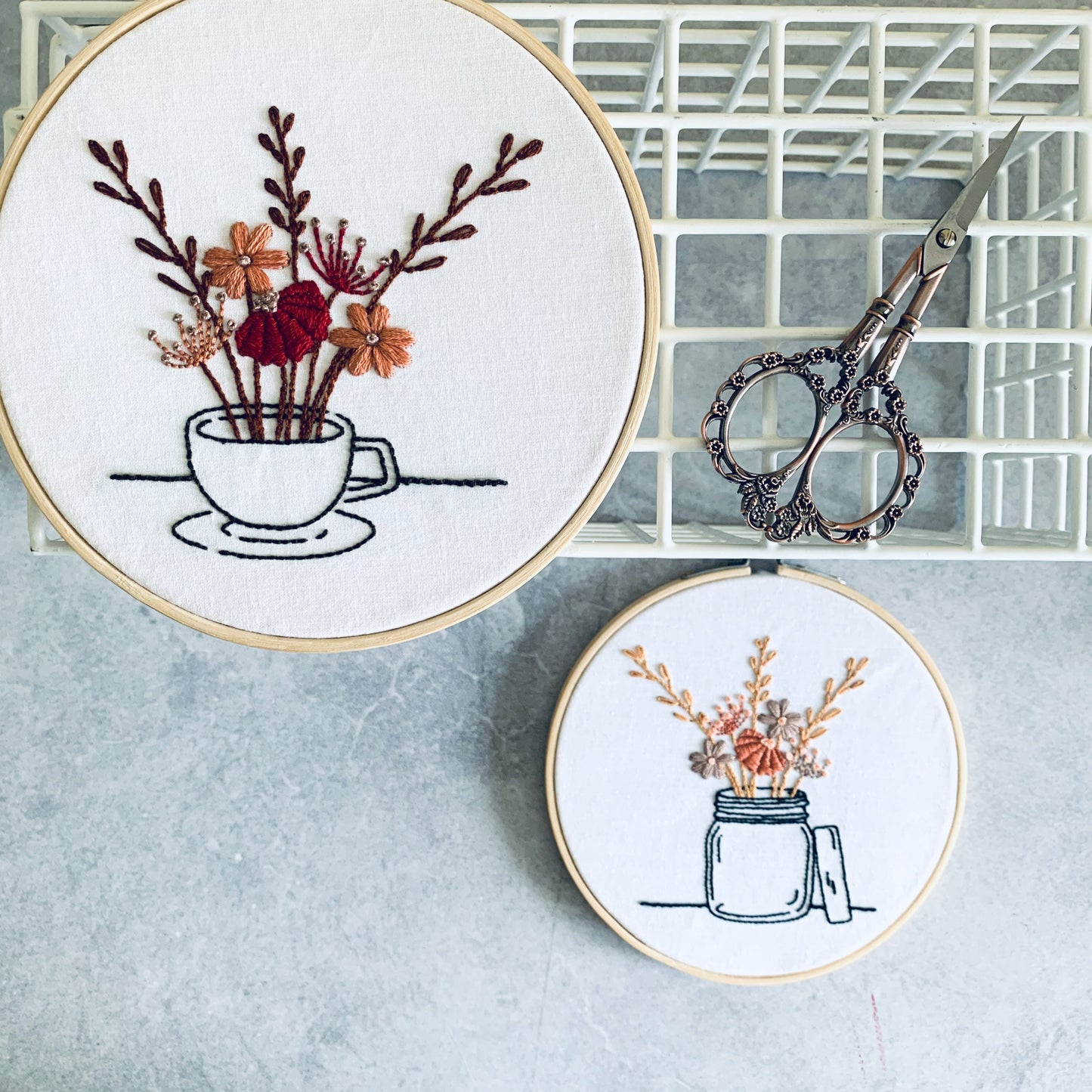 Digital download. 2-design teacup and jam jar. Embroidery hoop art pdf patterns and instruction booklet