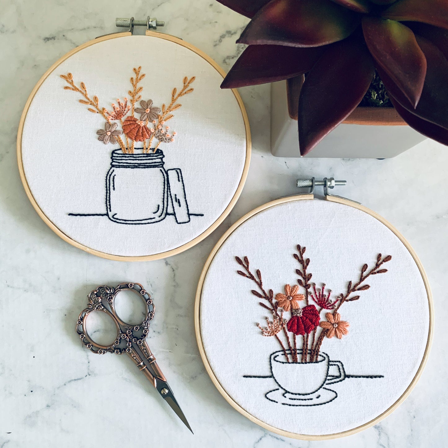 Digital download. 2-design teacup and jam jar. Embroidery hoop art pdf patterns and instruction booklet