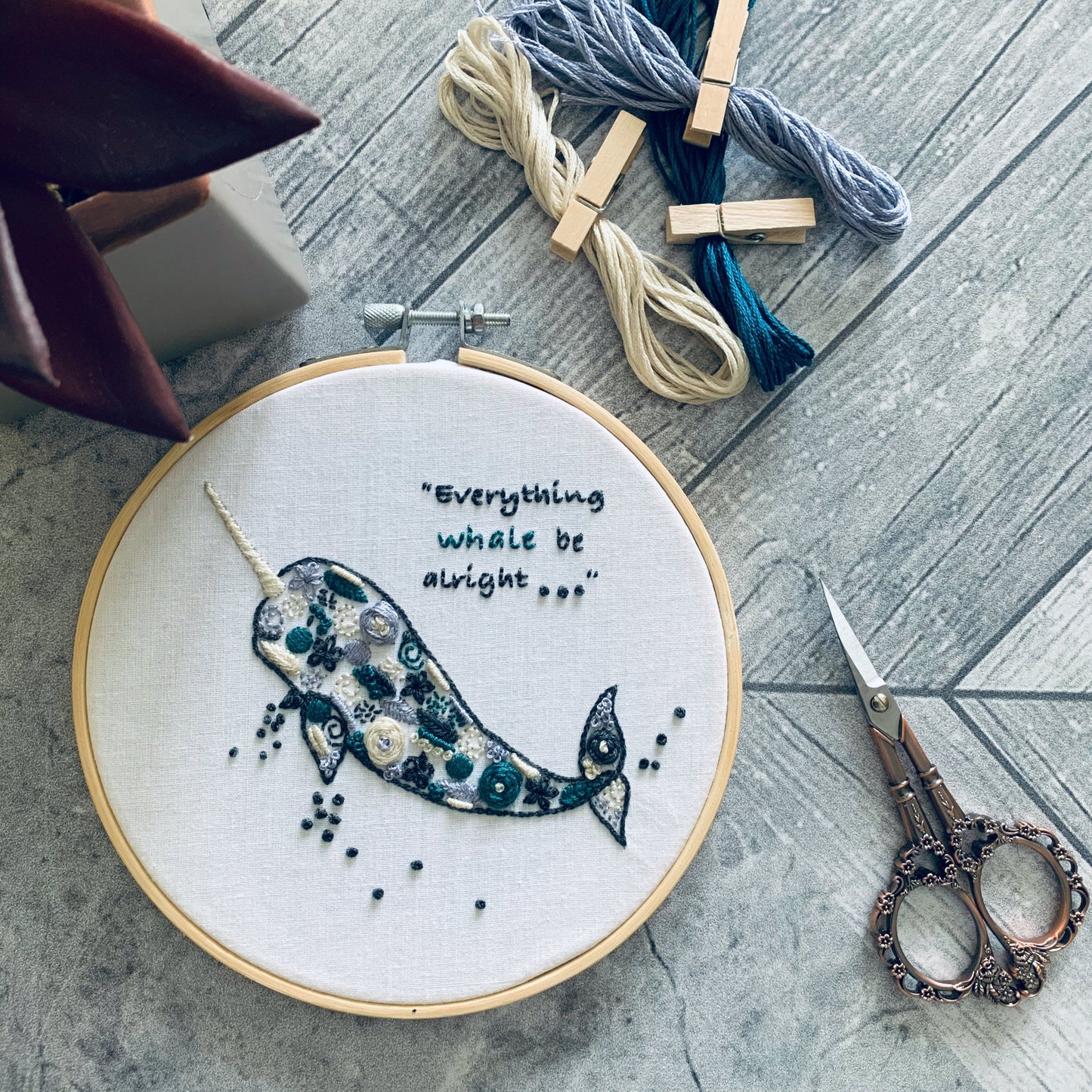 Digital download. Narwhal embroidery hoop art PDF pattern with instructions. Whale beginner crewel wall decor project