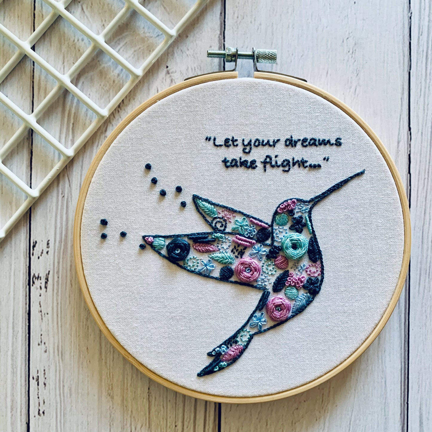 Full embroidery kit. Hummingbird DIY modern hoop art. Creative bird craft gift for adult mindfulness.