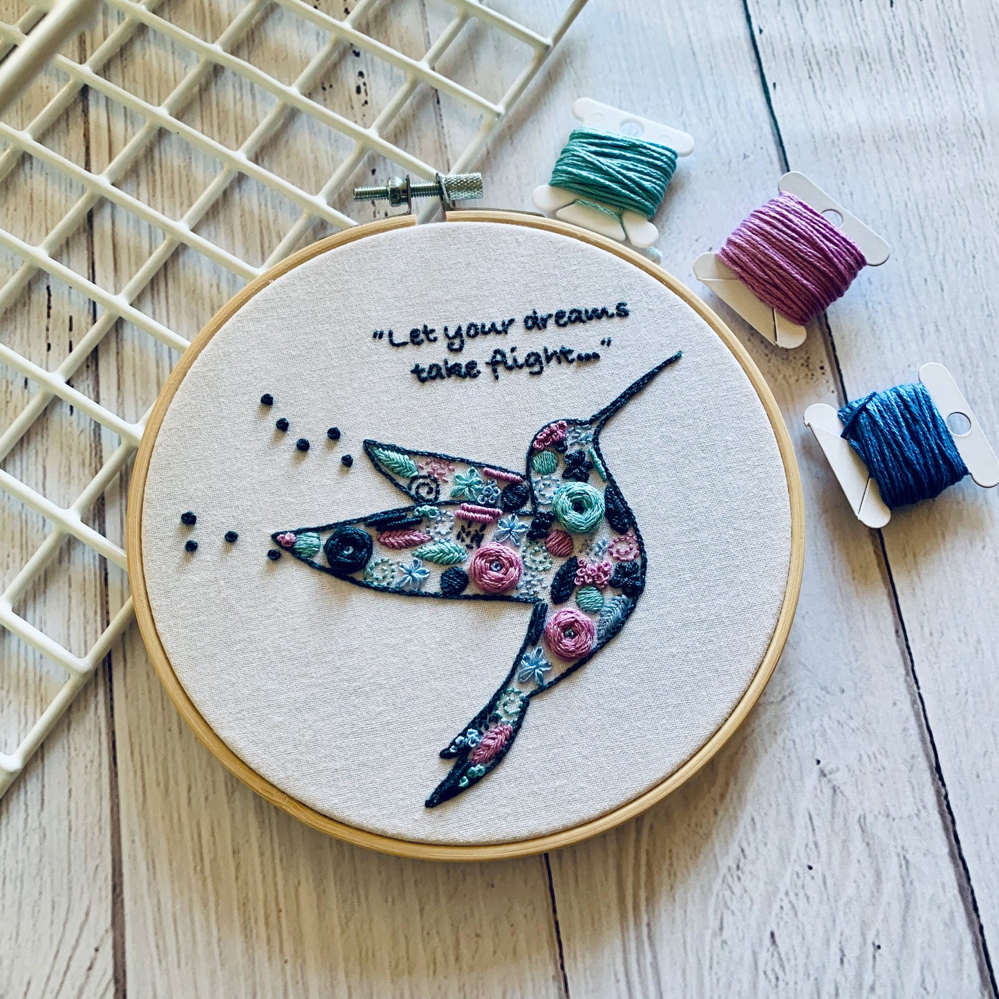 Full embroidery kit. Hummingbird DIY modern hoop art. Creative bird craft gift for adult mindfulness.