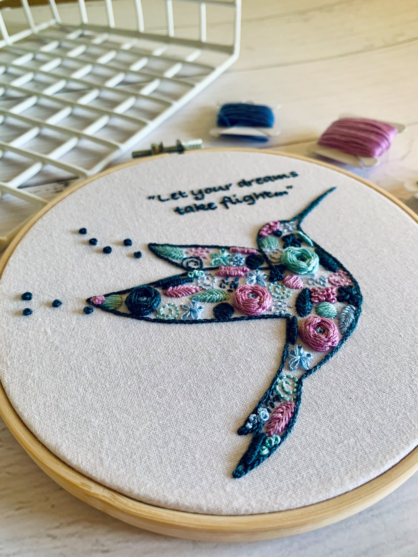 Full embroidery kit. Hummingbird DIY modern hoop art. Creative bird craft gift for adult mindfulness.