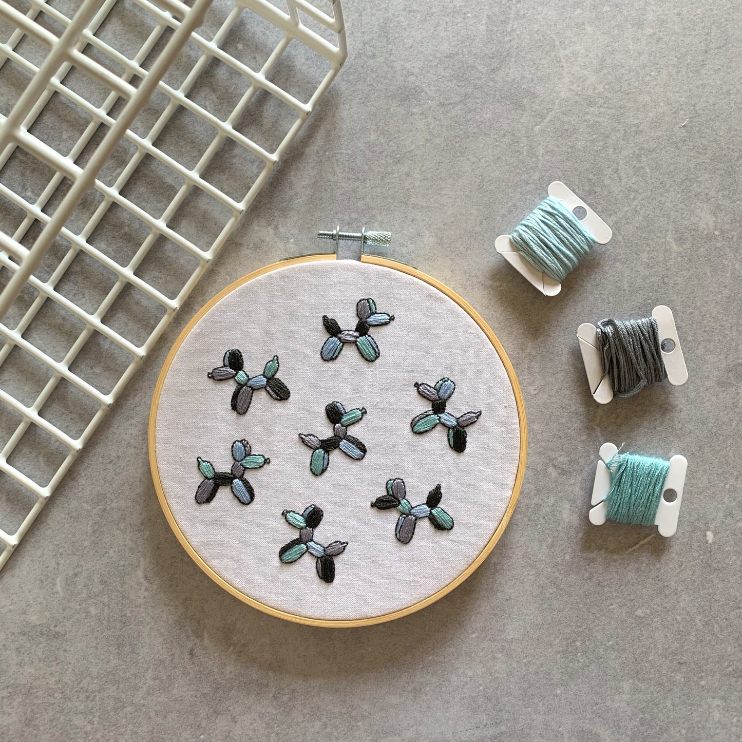 Full embroidery kit. Balloon dog hoop art. Beginner mindful craft project