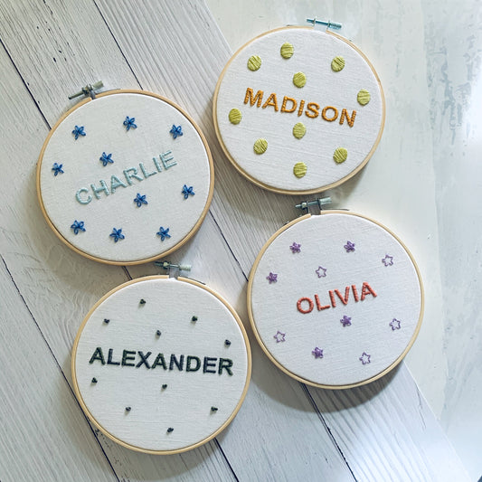 Full embroidery kit. Custom name and design embroidery hoop art. Choose your colours and design. Personalised birthday or newborn gift