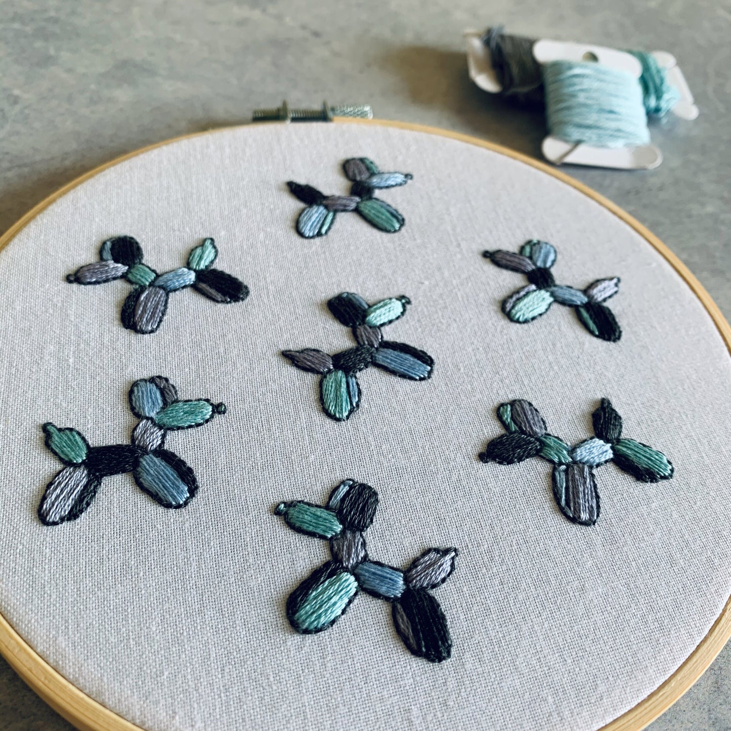 Full embroidery kit. Balloon dog hoop art. Beginner mindful craft project