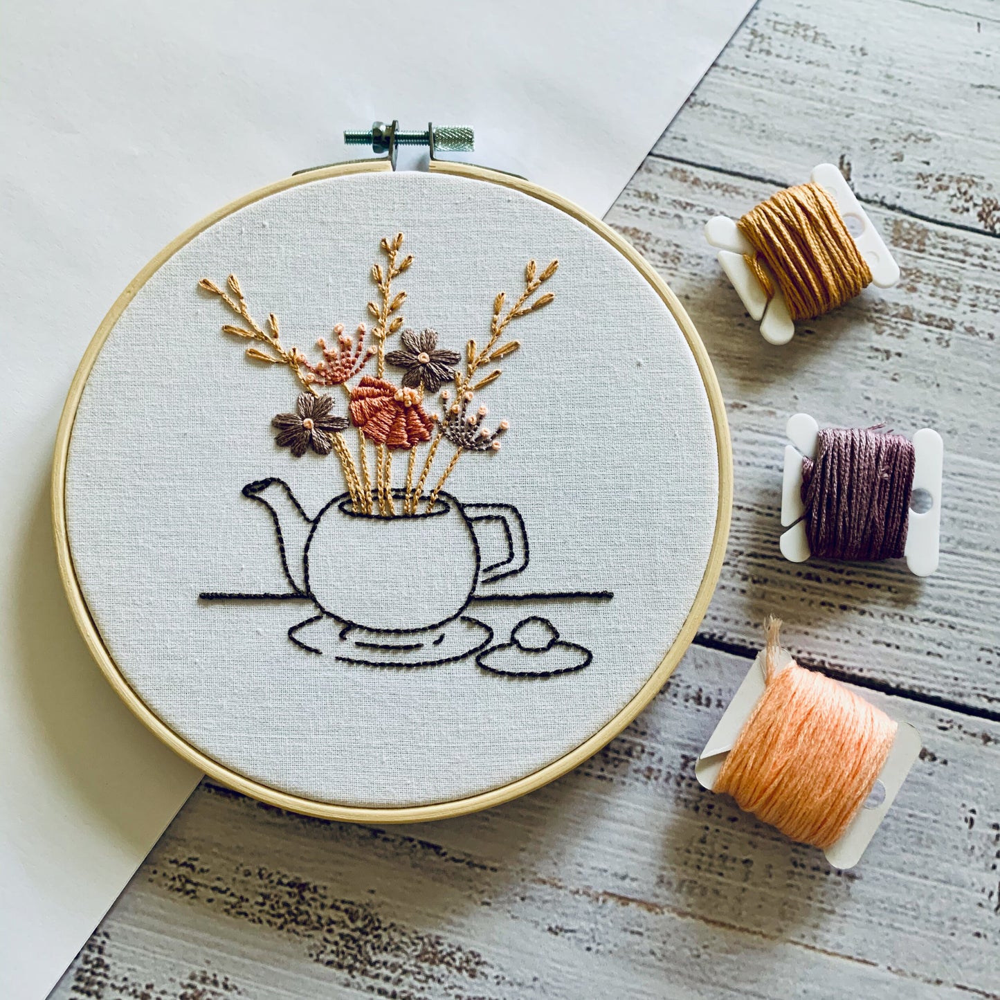 Digital download. Teacup and teapot embroidery hoop art PDF pattern with instructions