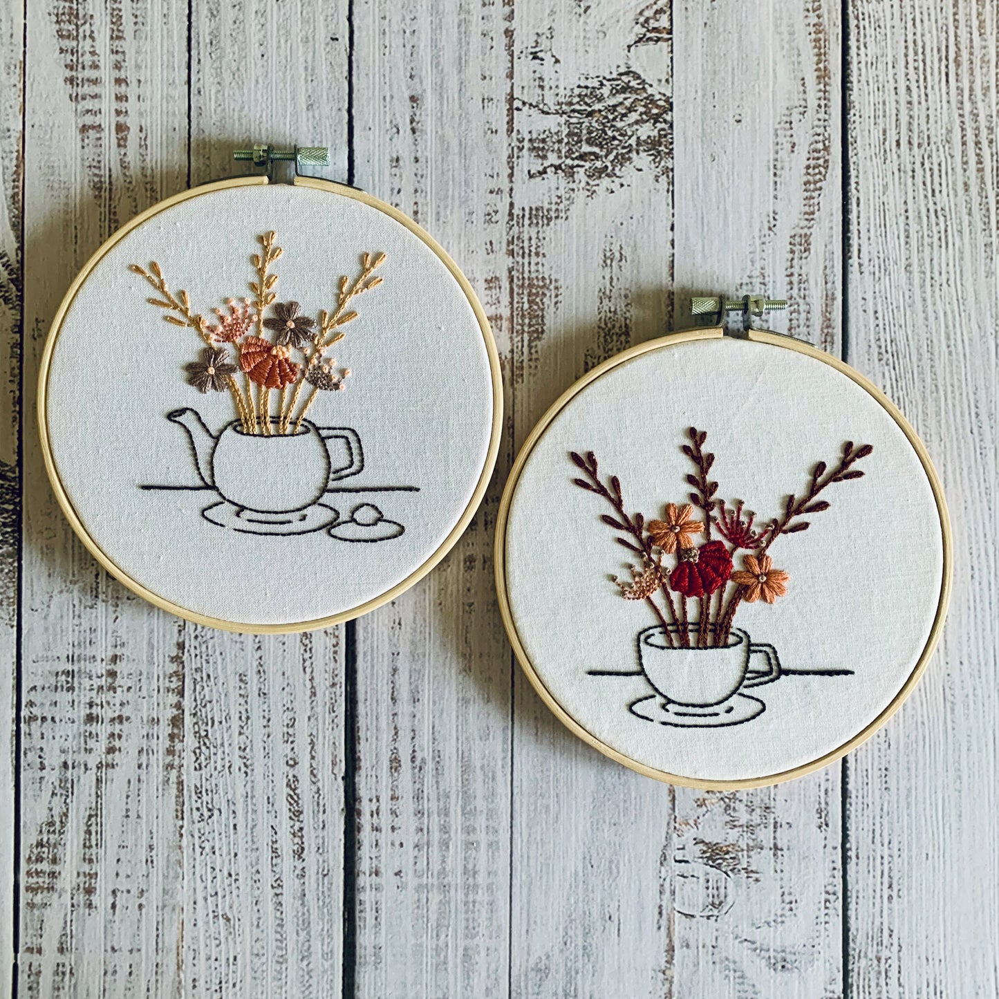 Digital download. Teacup and teapot embroidery hoop art PDF pattern with instructions